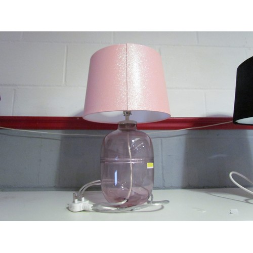 1263 - A table lamp with rope base and black velvet shade together with a pink glass lamp with sparkly shad... 