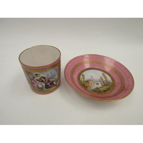 1379 - A Sevres coffee can and saucer (crack to cup) and Continental figure a/f (2)