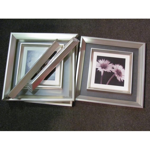 1233 - A box of miscellaneous: picture frames & mirrors, a set of four painted shelves and four still life ... 