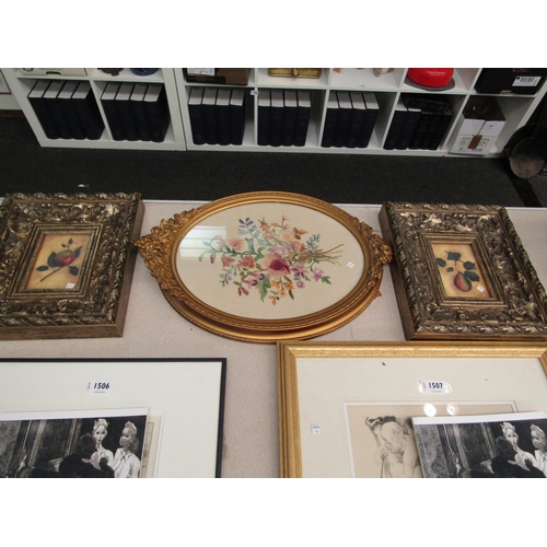 1504 - An embroidered still life in oval frame and two 20th Century still life of flowers in ornate frames ... 