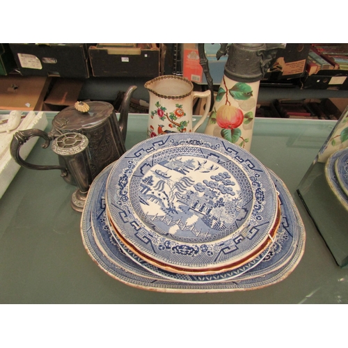 1521 - Two blue and white graduated meat plates together with a selection of blue and white dinner plates i... 