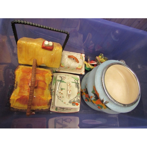 1541 - Two boxes of ceramics including Cottage Ware biscuit barrels, cheese dishes, ribbon plates, etc