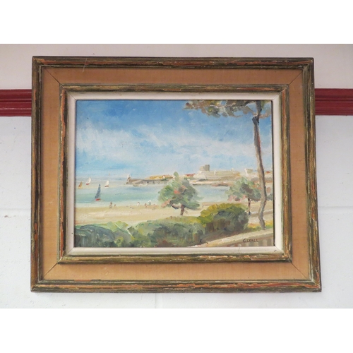 1007 - G. LYALL: A framed oil on canvas, coastal town scene.  Signed bottom right.  Image size 29cm x 39.5c... 