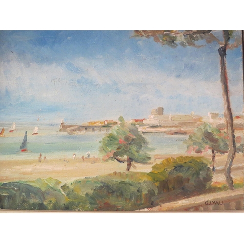 1007 - G. LYALL: A framed oil on canvas, coastal town scene.  Signed bottom right.  Image size 29cm x 39.5c... 