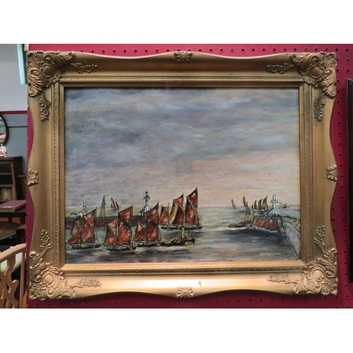 1137 - A gilt framed naive oil on board of ships in a quay, indistinctly signed lower right, 29cm x 39cm im... 