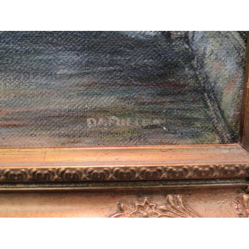 1137 - A gilt framed naive oil on board of ships in a quay, indistinctly signed lower right, 29cm x 39cm im... 