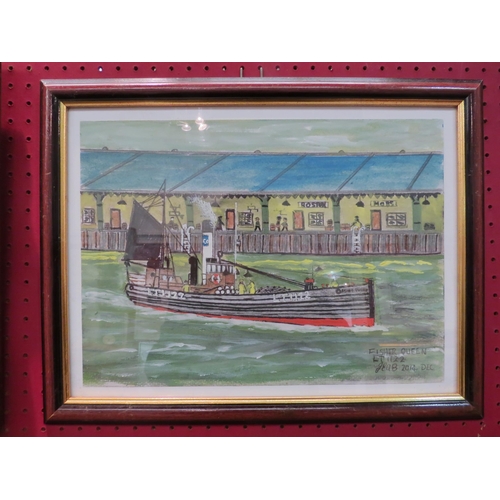 1137 - A gilt framed naive oil on board of ships in a quay, indistinctly signed lower right, 29cm x 39cm im... 