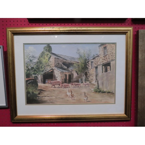 1146 - A 20th Century rural landscape depicting farmyard with pigs and geese, pastel, 31cm x 46cm image siz... 