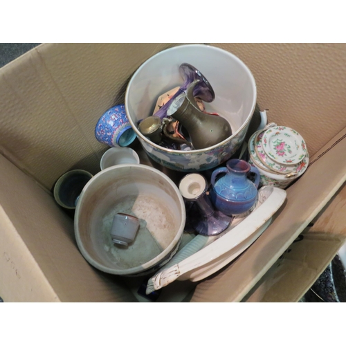 1152 - Two boxes of mixed china, glass and metal wares including Oriental style teapot, blue and white tank... 