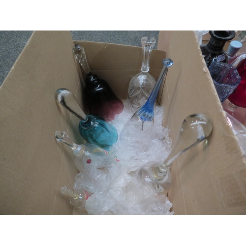 1193 - Two boxes of mainly glassware including large jug, iridescent squat glass vase, perfume bottles, bel... 