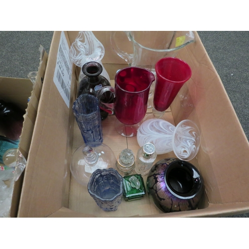 1193 - Two boxes of mainly glassware including large jug, iridescent squat glass vase, perfume bottles, bel... 