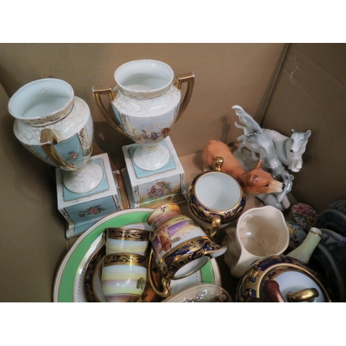 1244 - A box of ceramics including Continental urns, lurcher dogs, horses, Corgi dog, Czech part tea set, e... 