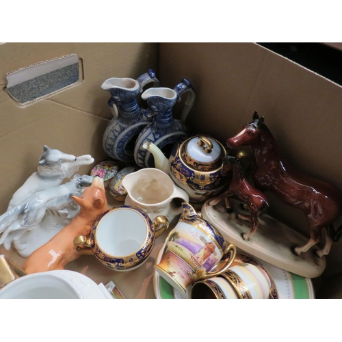 1244 - A box of ceramics including Continental urns, lurcher dogs, horses, Corgi dog, Czech part tea set, e... 