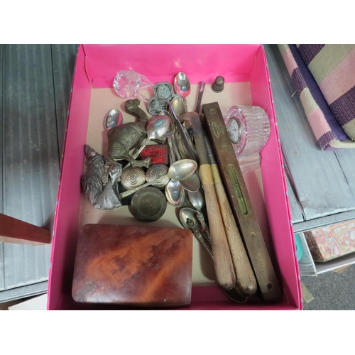 1256 - Mixed items including light-up globe, cantilever sewing box, teaspoons, spirit level, etc