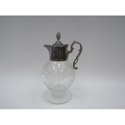 1377 - A small etched glass ewer with silver top having an acorn knop.  16cm high