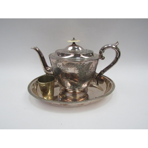 1383 - A plated entrée lid, tea pot with bone knop and plated measure (3)