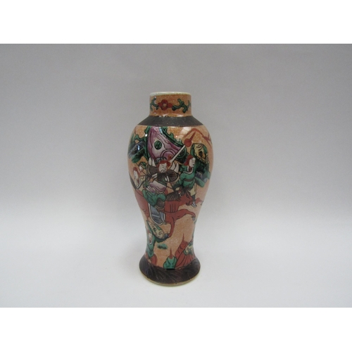 1388 - An Oriental Satsuma style vase depicting soldiers on horseback with cover and a similar pair of jars... 