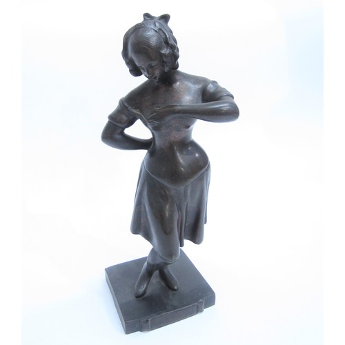 8086 - A Continental bronze figure of seductive posing girl in dress, vacant cartouche to base, 25.5cm tall... 