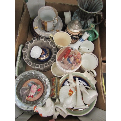 1536 - A box of mixed china including Royal commemorative mugs, crested wares, Border Fine Arts Wren figure... 