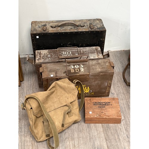 9017 - A WWII 1944 dated webbing satchel, two Lee Enfield .303 post-war cases and a cased WWII 1940 dated C... 