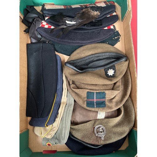 9036 - A box of mixed headwear including Glengarry, forage hats etc