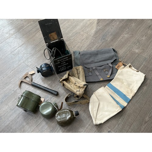 9044 - A box of miscellaneous including 1938 pattern canteen, water bottles and escape axe etc