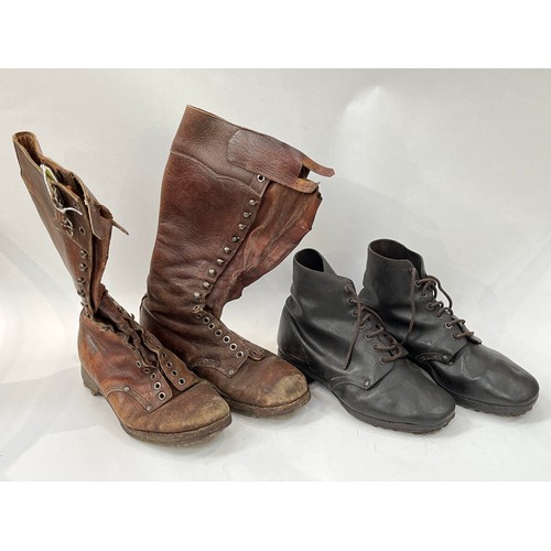 9049 - A pair of WWI French officer's brown high lace boots together with WWI French black studded boots   ... 