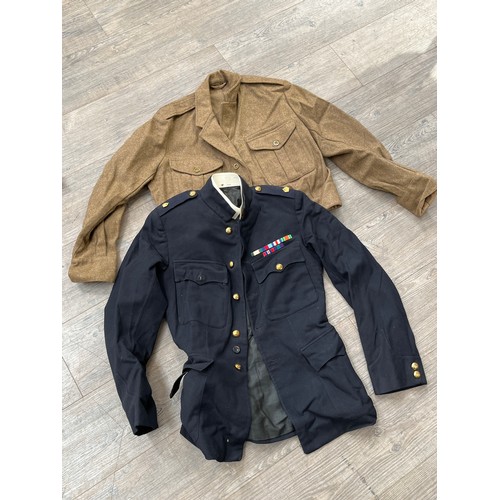 9052 - A WWII Service Dress jacket, buttons replaced, with Defence medal ribbon, crown badge, together with... 