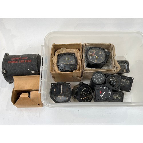 9098 - A box of aircraft dials and gauges including Airspeed Indicator 1423-3G-A2-6617 etc