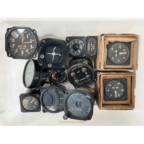 9105 - A collection of dials, mainly aircraft, including US landing gear, fuel indicator, Engine RPM etc