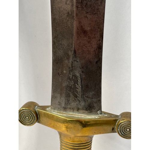 9189 - A French Artilleryman's short sword of Gladius form, solid brass ribbed grip, spear-pointed blade et... 