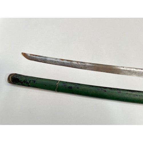 9195 - An Oriental sword blade with corroded tang unmarked, together with a green lacquered bamboo scabbard... 