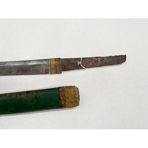 9195 - An Oriental sword blade with corroded tang unmarked, together with a green lacquered bamboo scabbard... 