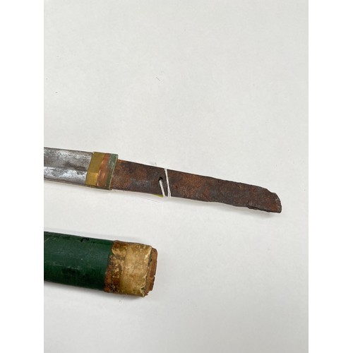 9195 - An Oriental sword blade with corroded tang unmarked, together with a green lacquered bamboo scabbard... 