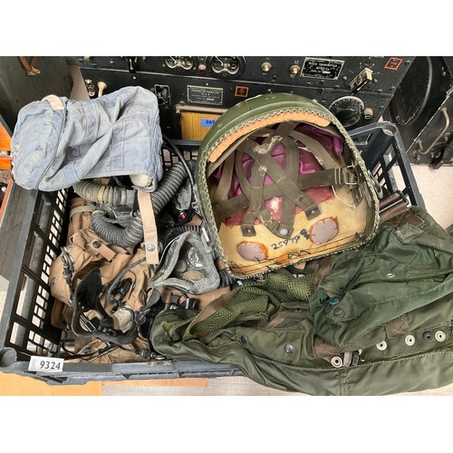 9324 - A box of miscellaneous including Normalair respirators post-war, RAF flying helmet and another, 3c h... 