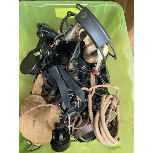 9340 - A box containing a collection of WWII and later headsets and equipment including US Instrument Corpo... 