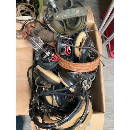 9341 - A box containing a collection of radio equipment including Hand No.3 microphone and headsets etc