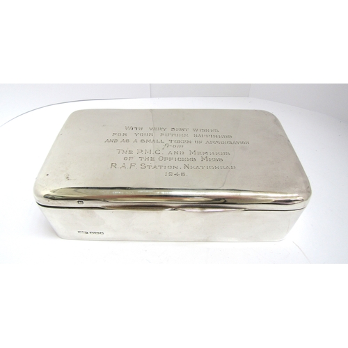 9417 - A James Dixon & Sons silver cigarette box with inscribed top 