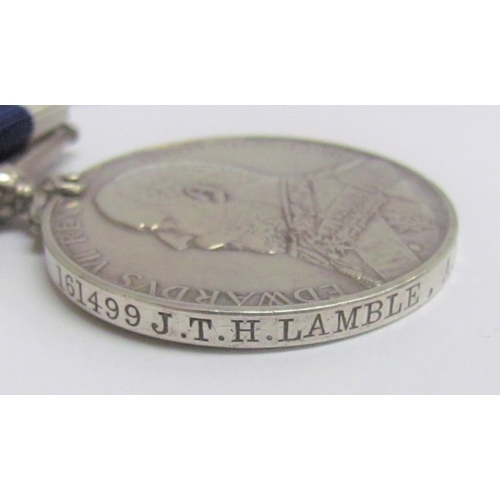 9491 - An Edward VII Royal Naval Long Service Medal to 161449 J.T.H. LAMBLE AB. HMS EGMONT, together with c... 