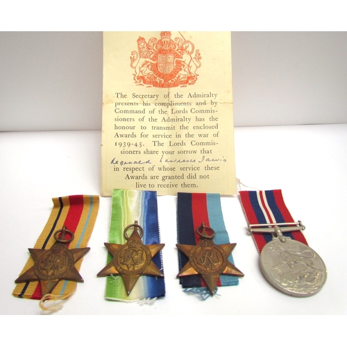 9473 - A WWII medal group of four to casualty REGINALD LAWRENCE JARVIS, consisting of Atlantic Star, 1939-4... 