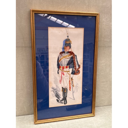 9221 - A watercolour of 18th Hussars officer in full regalia, signed lower right, 28cm x 12cm, framed and g... 