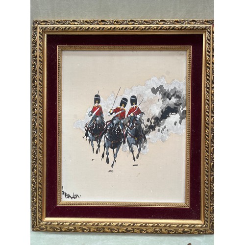 9516 - A painting of British bearskin cavalry charging through smoke, signed Brandon lower left, ornate fra... 