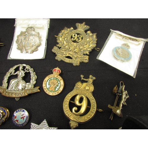 9449 - A quantity of British insignia including WWI era Norfolk and Suffolk Regiment cap badges, silver ARP... 