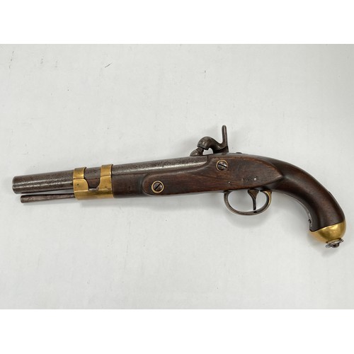 9237 - A 19th Century Belgian percussion military pistol, brass fittings. ANTIQUE ITEM: NO LICENSE REQUIRED