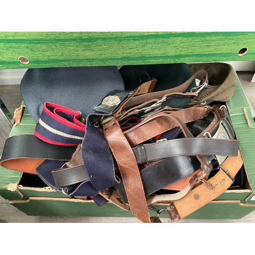 9318 - A box of mixed post war headwear including ATS badge visor cap, together with a quantity of belts