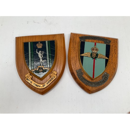 9312 - Two oak mounted regimental crests: RFC (Royal Flying Corps) and Royal Corps of Signals, thought to b... 