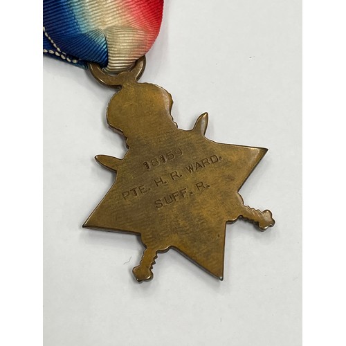 9523 - A WWI 1915 star medal trio named tk 18159 PTE. H.R. WARD SUFF. R., together with a Suffolk Regiment ... 