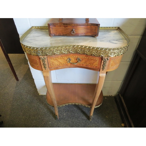 1014 - A French kingwood kidney shape console table, single drawer to base, brass galleried top with marble... 