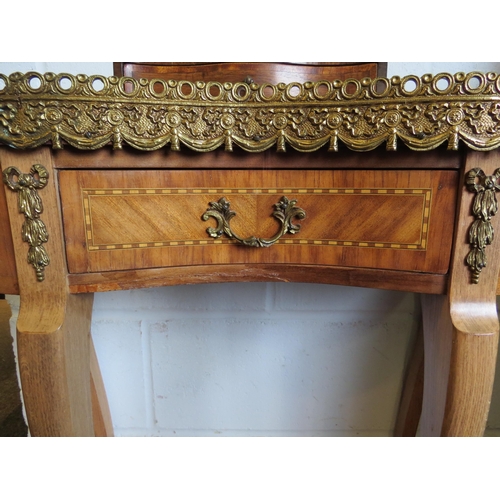 1014 - A French kingwood kidney shape console table, single drawer to base, brass galleried top with marble... 