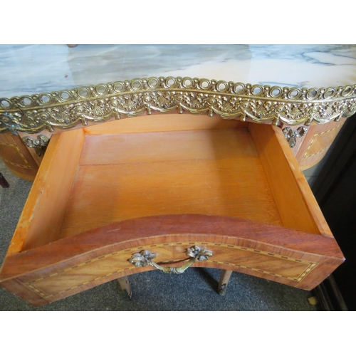 1014 - A French kingwood kidney shape console table, single drawer to base, brass galleried top with marble... 